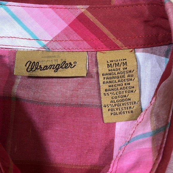 Wrangler EUC Pearl Snap Button Front Long Sleeve Western Shirt Pink Plaid Medium - Picture 10 of 11